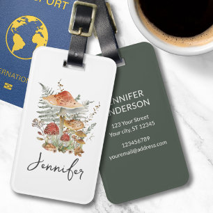 Watercolor Vintage Mushroom Fern Leaves Monogram Luggage Tag