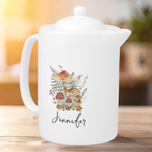 Watercolor Vintage Mushroom Fern Leaves Monogram Teapot