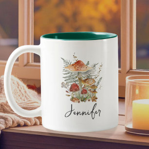 Watercolor Vintage Mushroom Fern Leaves Monogram Two-Tone Coffee Mug