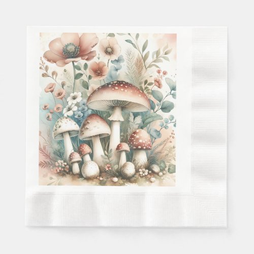  Watercolor Vintage Mushrooms and Flowers Wedding Napkins