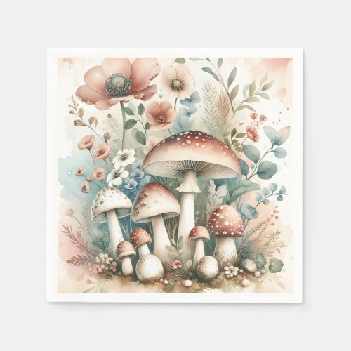  Watercolor Vintage Mushrooms and Flowers Wedding Napkins
