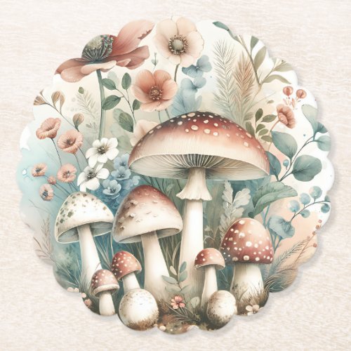  Watercolor Vintage Mushrooms and Flowers Wedding Paper Coaster