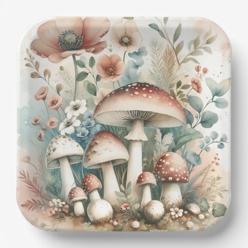  Watercolor Vintage Mushrooms and Flowers Wedding Paper Plates