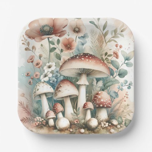  Watercolor Vintage Mushrooms and Flowers Wedding Paper Plates
