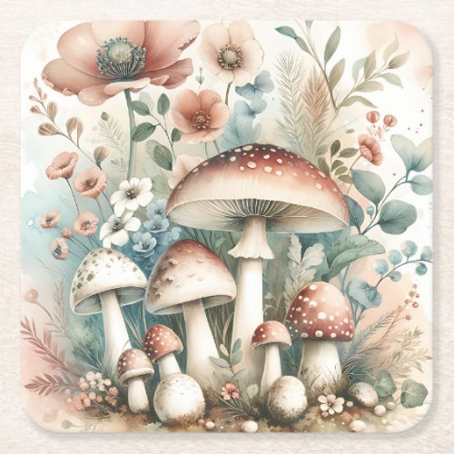 Watercolor Vintage Mushrooms and Flowers Wedding Square Paper Coaster