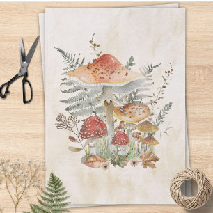 Watercolor Vintage Mushrooms Fern Leaves Decoupage Tissue Paper