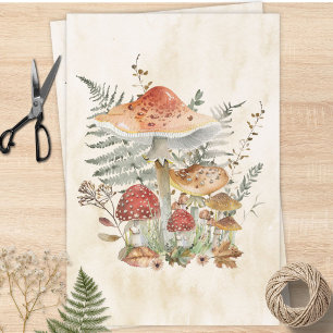 Watercolor Vintage Mushrooms Fern Leaves Decoupage Wrapping Paper Sheets