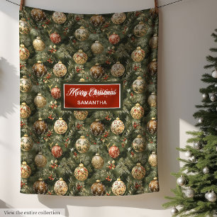 Watercolor Vintage Neutral Colors Sage Xmas Bauble Fleece Blanket