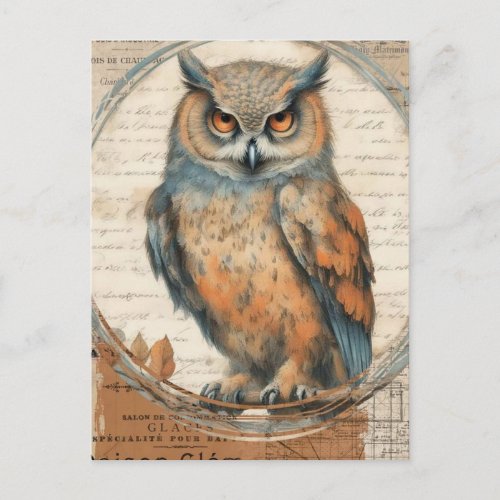 Watercolor Vintage Owl Collage Postcard
