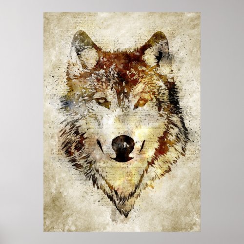 Watercolor Vintage Painting of Wolf Head Poster