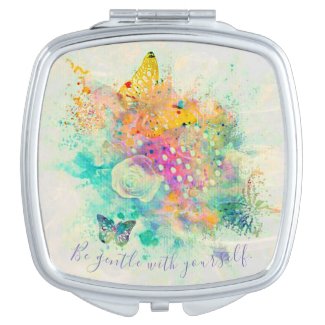 Watercolor Vintage Pastel Butterflies and Rose Compact Mirror