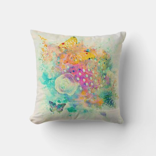 Watercolor Vintage Pastel Butterflies and Rose Throw Pillow