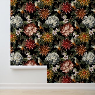 Watercolor Vintage Peonies,Roses Birds Dark Floral