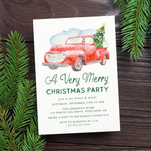 Watercolor Vintage Pickup Truck Christmas Party Invitation