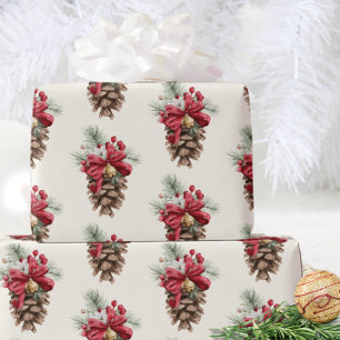 Watercolor Vintage Pine Cone Red Holly Berries Wrapping Paper