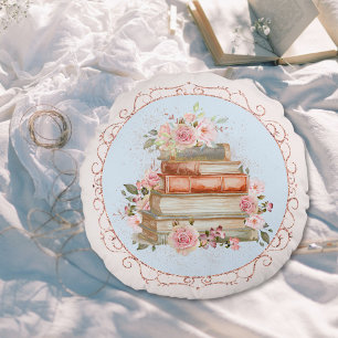 Watercolor Vintage Pink Roses and Book Floral Round Pillow
