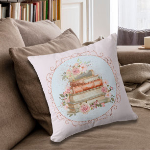 Watercolor Vintage Pink Roses and Book Floral Throw Pillow