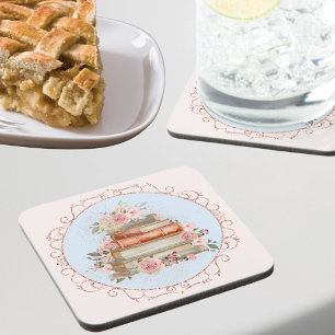Watercolor Vintage Pink Roses and Books Floral Beverage Coaster