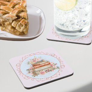 Watercolor Vintage Pink Roses and Books Floral Beverage Coaster