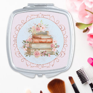 Watercolor Vintage Pink Roses and Books Floral Compact Mirror
