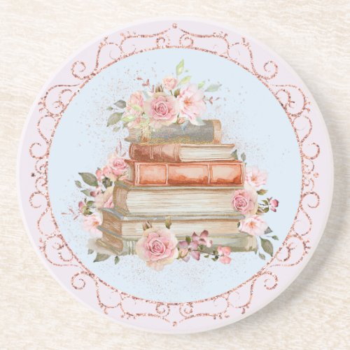 Watercolor Vintage Pink Roses and Books Floral Cut Coaster