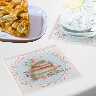 Watercolor Vintage Pink Roses and Books Floral Glass Coaster