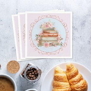 Watercolor Vintage Pink Roses and Books Floral Napkins