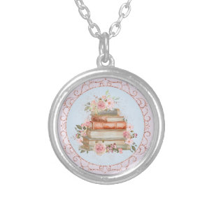 Watercolor Vintage Pink Roses and Books Floral  Silver Plated Necklace