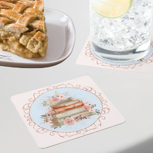 Watercolor Vintage Pink Roses and Books Floral Square Paper Coaster