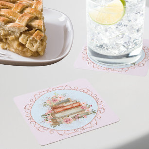 Watercolor Vintage Pink Roses and Books Floral Square Paper Coaster