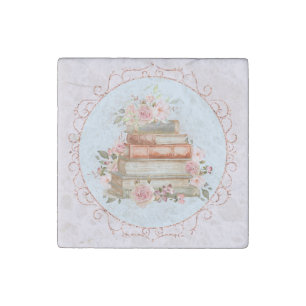 Watercolor Vintage Pink Roses and Books Floral Stone Magnet