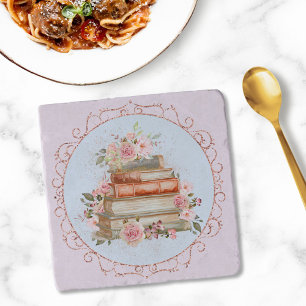 Watercolor Vintage Pink Roses and Books Floral Trivet