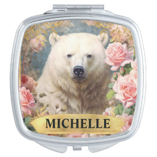 Watercolor Vintage Polar Bear and Pink Roses Compact Mirror