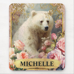 Watercolor Vintage Polar Bear and Pink Roses Mouse Pad