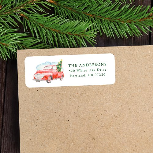 Watercolor Vintage Red Pickup Truck Christmas Label