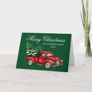 Watercolor Vintage Red Truck Christmas Green Fold Holiday Card