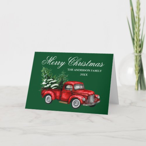 Watercolor Vintage Red Truck Christmas Green Fold Holiday Card
