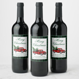 Watercolor Vintage Red Truck Christmas Green Plaid Wine Label