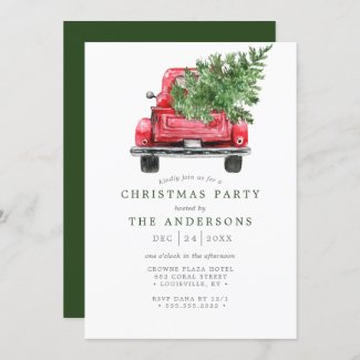 Watercolor Vintage Red Truck Christmas Party Invitation