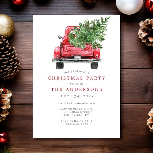 Watercolor Vintage Red Truck Christmas Party Invitation