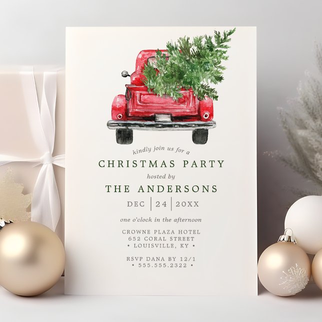 Watercolor Vintage Red Truck Christmas Party Invitation (Creator Uploaded)
