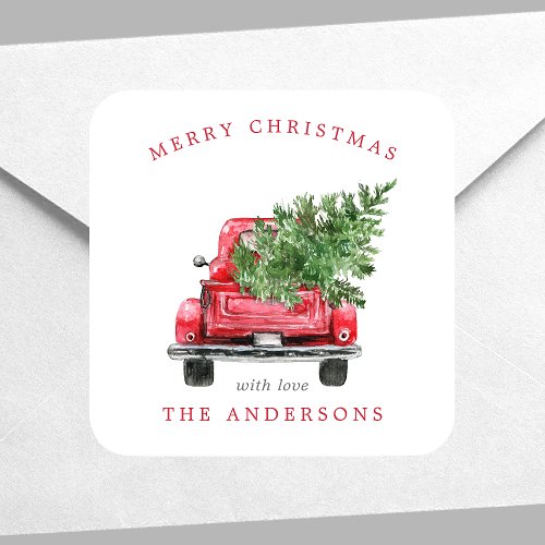 Watercolor Vintage Red Truck Christmas Square Sticker