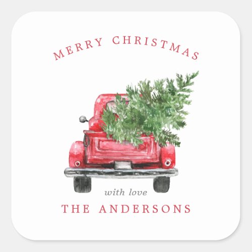 Watercolor Vintage Red Truck Christmas Square Sticker