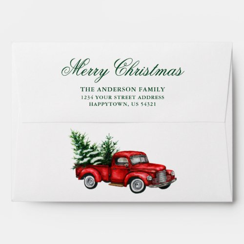 Watercolor Vintage Red Truck Green Merry Christmas Envelope