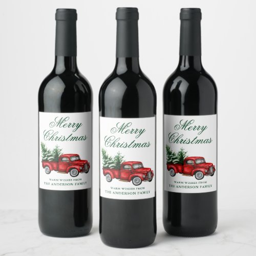 Watercolor Vintage Red Truck Green Merry Christmas Wine Label