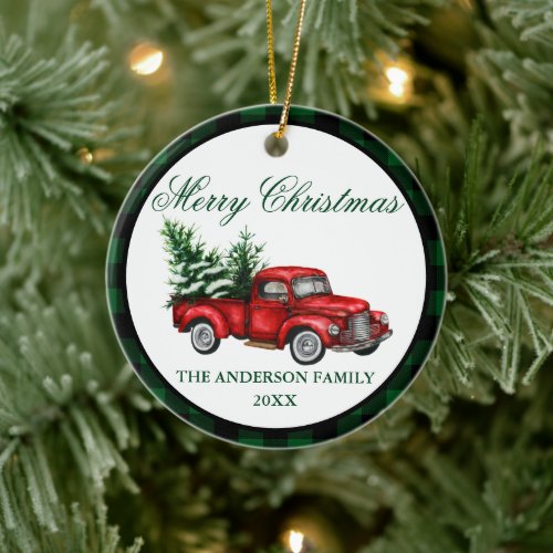 Watercolor Vintage Red Truck Green Plaid Christmas Ceramic Ornament