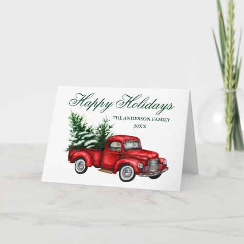 Watercolor Vintage Red Truck Happy Holidays Fold Holiday Card
