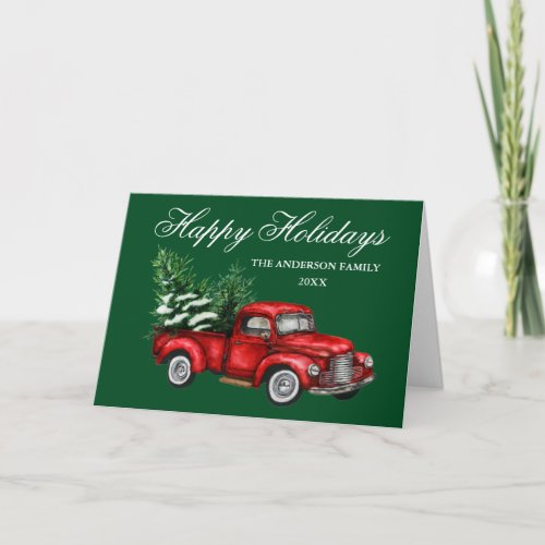Watercolor Vintage Red Truck Happy Holidays Green Holiday Card