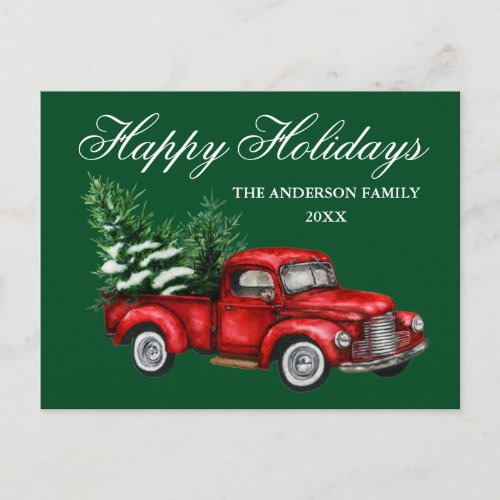 Watercolor Vintage Red Truck Happy Holidays Green Postcard