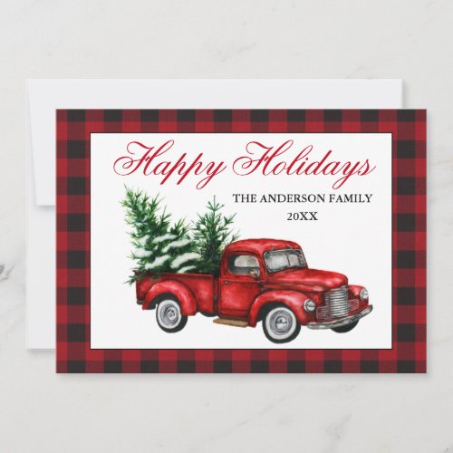 Watercolor Vintage Red Truck Happy Holidays Plaid Holiday Card